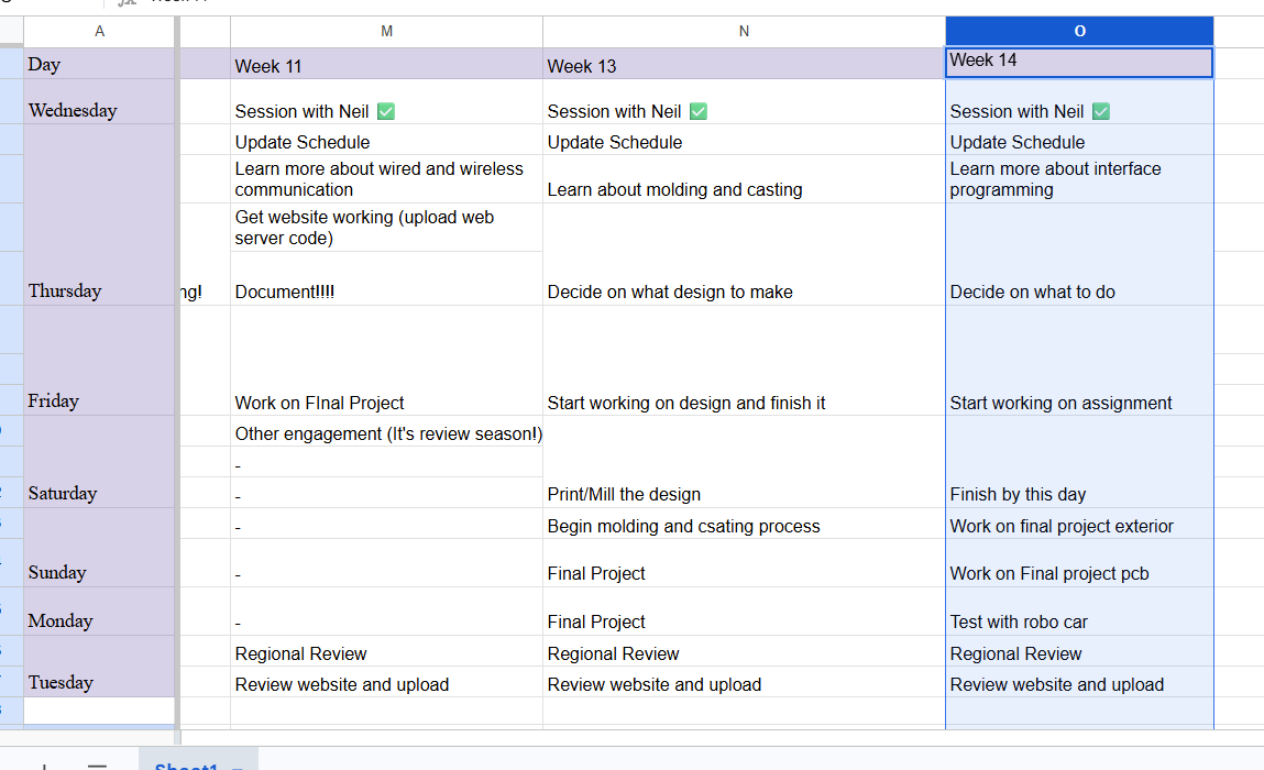 Weekly schedule